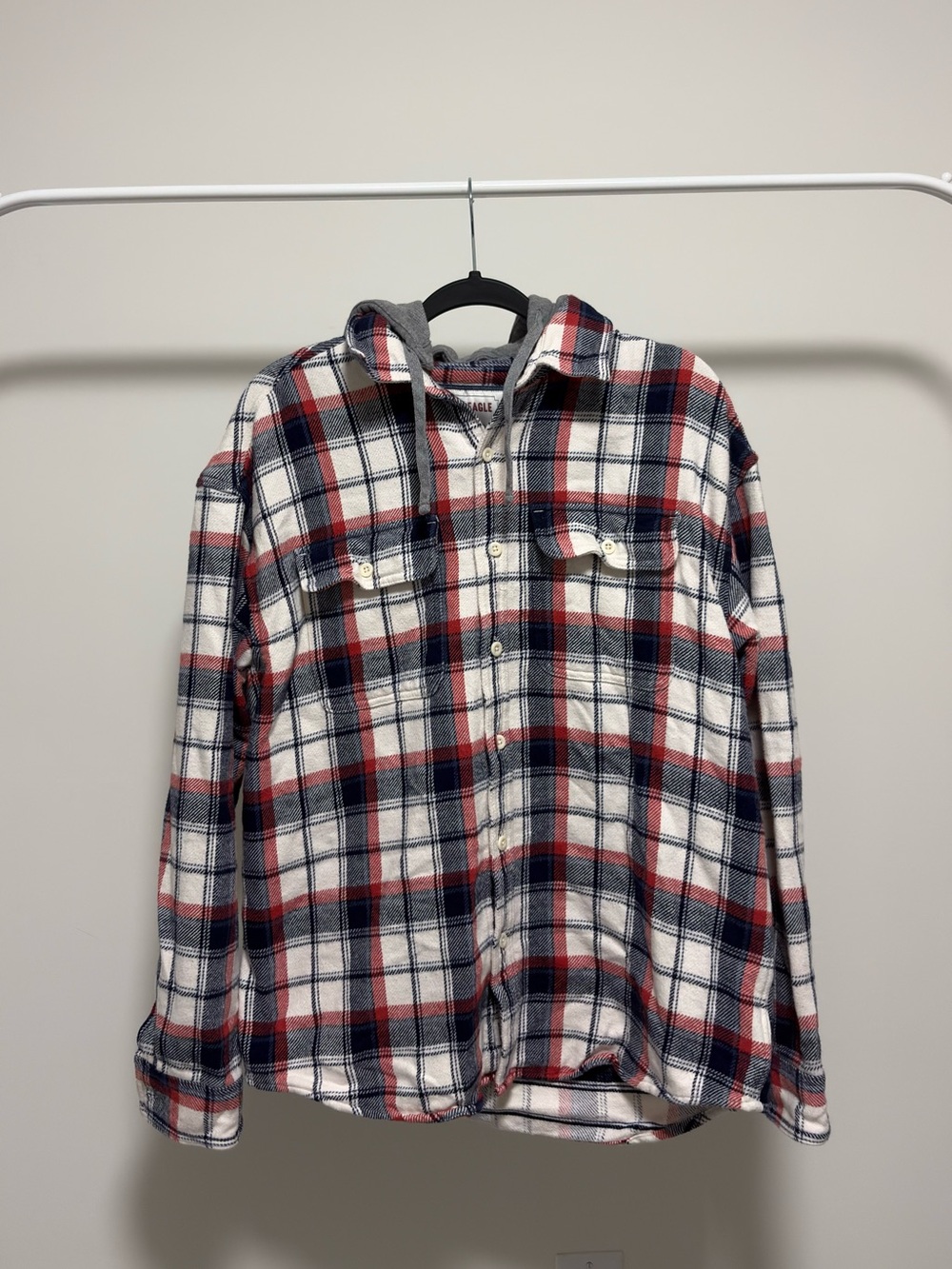 American Eagle Men's Red & White Plaid Hooded Flannel Shirt Jacket